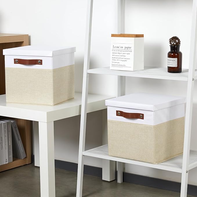 Foldable Fabric Storage Bins with Lids, White&Khaki, 10.5x10.5x10.5in
