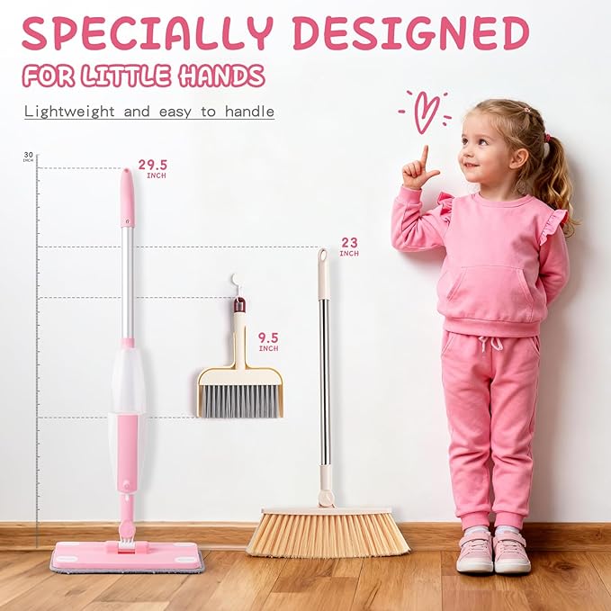 Toddler Gifts Cleaning Toy Sets, Real Working Water-Spraying Mop Toy & Kids Broom Dustpan Set, Montessori Mini Kids Spray Mop, Toddler Cleaning Set for Floor, Christmas Birthday Gifts for Age 3+