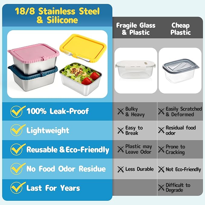 3 Pack Large Stainless Steel Snack Containers, 20oz Reusable Stainless Steel Food Containers with Silicone Lids for Meal Prep, Leakproof Metal Bento Lunch Box for Daycare, Travel, Office, Camping