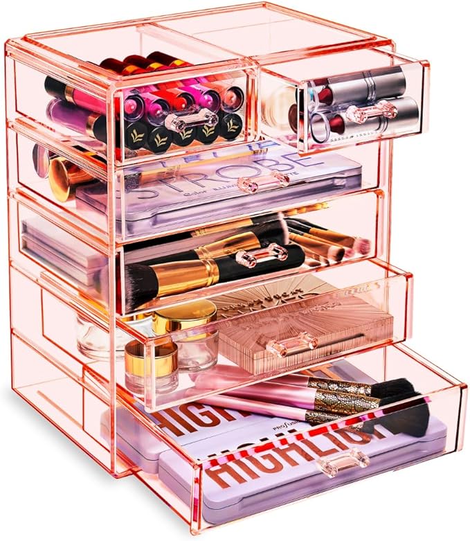Sorbus Acrylic Makeup Organizer Set, 6-Drawer Vanity & Countertop Cosmetic Storage with Small & Wide Drawers, Pink Makeup Storage for Brushes