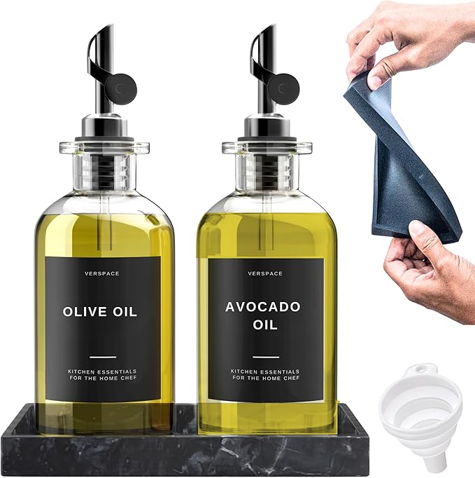 Verspace - Clear Glass Olive Oil Dispenser Bottles For Kitchen With Silicone Tray & 40 Labels, Soy Sauce Dispenser, Coffee Syrup Dispenser, Olive Oil Bottles Set Of 2, Black