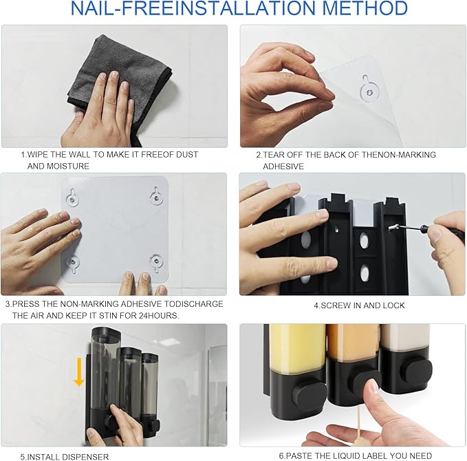 Shower Soap Dispenser Wall Mounted Shampoo and Conditioner Dispenser No Drill 3 Chamber Large Capacity for Bathroom Hotel, Black