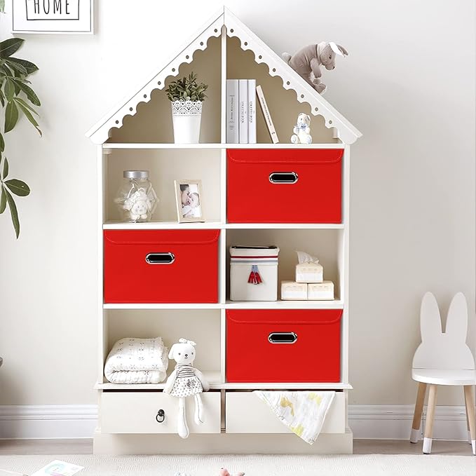 STOREONE Fabric Storage Cube Bins Foldable Organizer Container Collapsible Basket with Lids and Metal Handles, for Home, Bedroom, Closet 3 Pcs (Red)