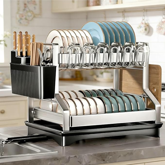 2Pcs Dish Drying Rack 2 Tiers, Stainless Steel Dish Drying Rack Stainless Steel Utensil Holder Large 2 Tier Dish Drainers for Kitchen Counter