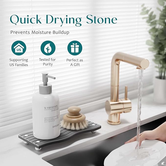 Water Absorbing Stone Tray for Sink, Diatomite Drying Stone for Kitchen Bathroom Counter, Decorative Raised-Feet Vanity Tray, Sink Caddy Organizer for Dish Soap & Sponge Holder [Dark Grey, 9'' x 4'']