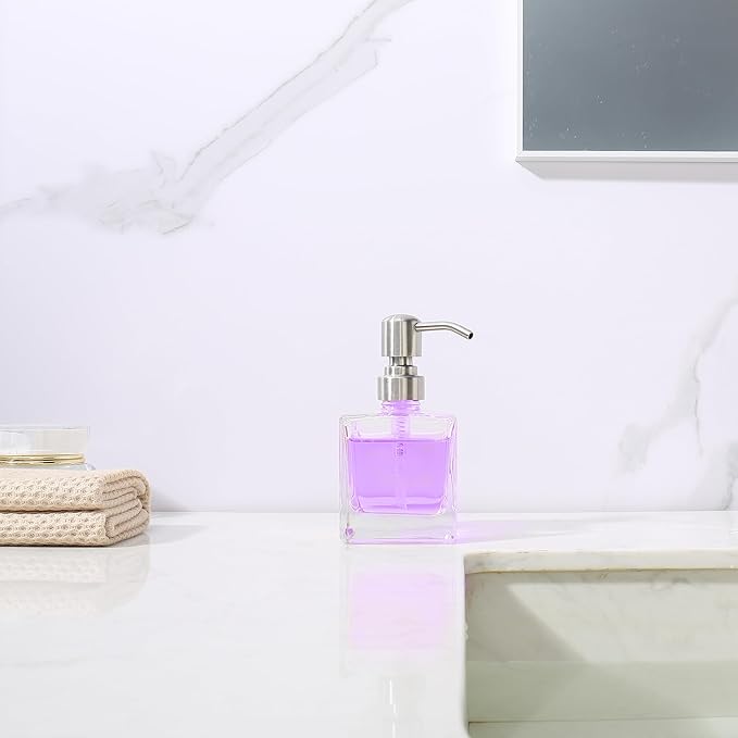 Square Bathroom Soap Dispenser Brushed Nickel, Glass Bottles with Stainless Steel Pump Cube Liquid Soap Dispenser Hand Kitchen