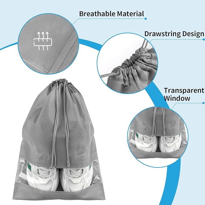Large Gray Travel Shoe Bags, 10 Pcs with Clear Window, Non-Woven Drawstring