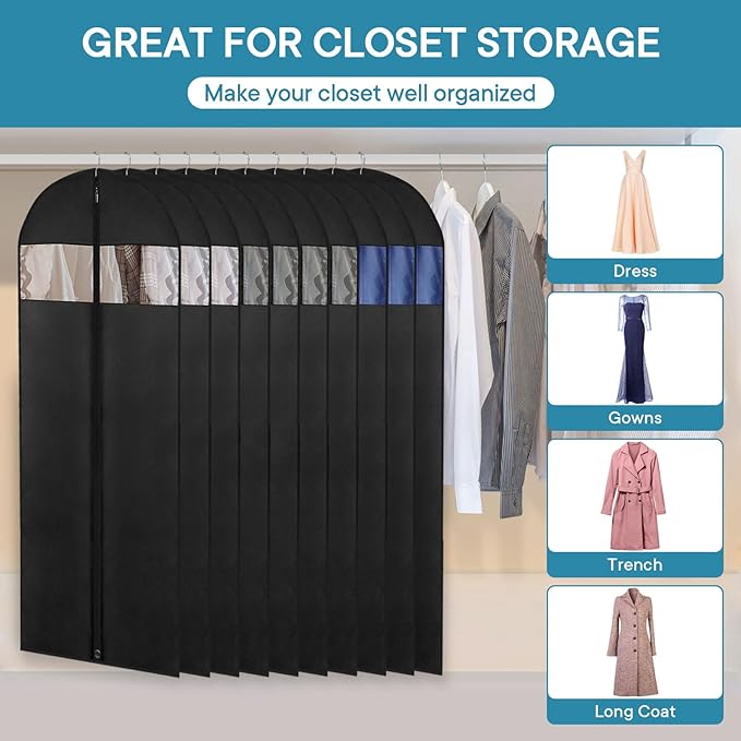 Dress Bags for Gowns, 65" Long Garment Bags for Hanging Clothes, Foldable Dress Cover with Clear Window, Ideal for Formal Dresses & Coats (Black, 1 Pack)