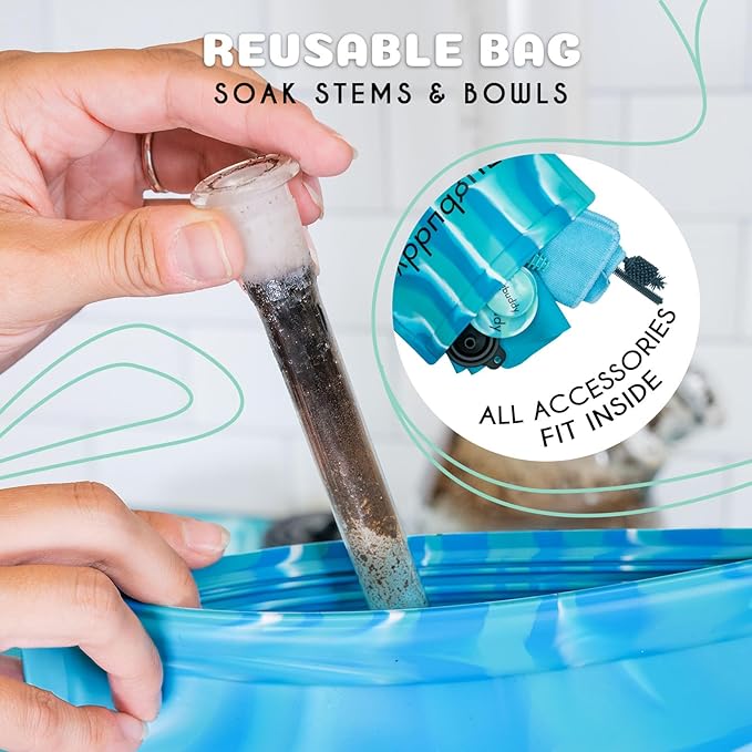 nugbuddy Glass Cleaning Kit - Reusable Silicone Accessories - Complete Kit to Clean your Piece, Just Add Cleaner - Reusable Soaker Bag, Brushes, Mat