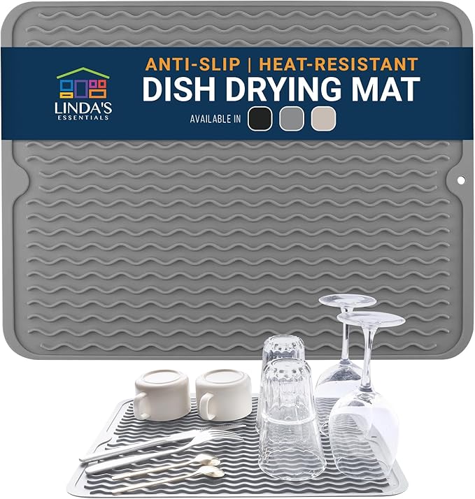 Silicone Dish Drying Mat for Kitchen Counter - Multi-Use 18 x 16 Inch Pad, Non-Slip & Heat-Resistant, Perfect Dish Drainer Mat by Linda’s Essentials, Ideal Kitchen Accessory (Gray)