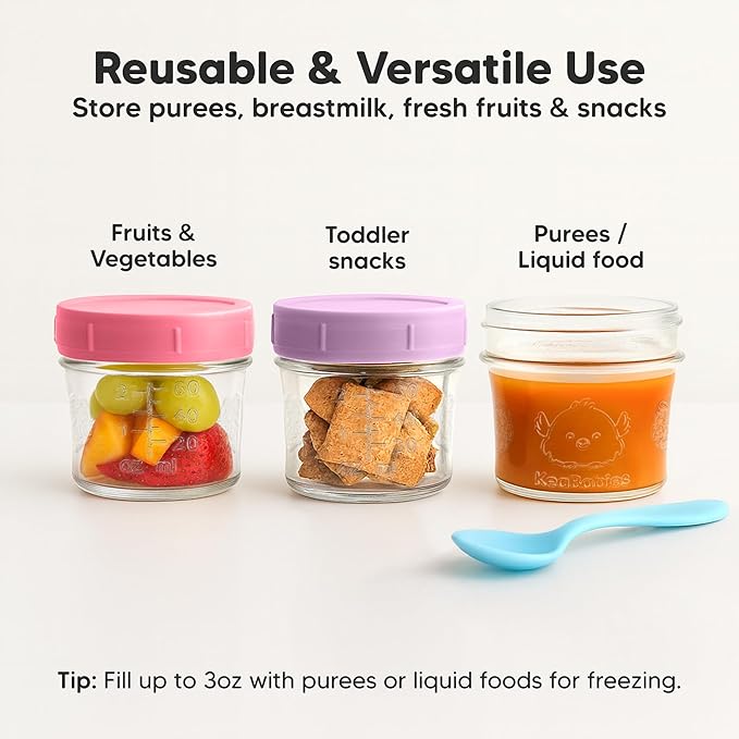 KeaBabies 12pk 4oz Glass Baby Food Containers with Lids - Leak-Proof, Microwavable Small Glass Jars, Baby Purees & Toddler Snack Storage Containers, BPA-Free, Dishwasher & Freezer Safe (Nord)