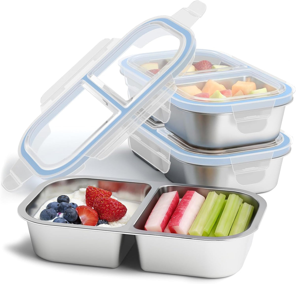 3 Pack Stainless Steel Snack Containers, 2 Compartment Reusable Metal Snack Boxes Containers with Leak-Proof Lids, Compact Lunch Box Food Storage Container