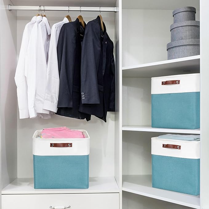 13x13 Cube Storage Bins, Collapsible Fabric Storage Box, Teal&White