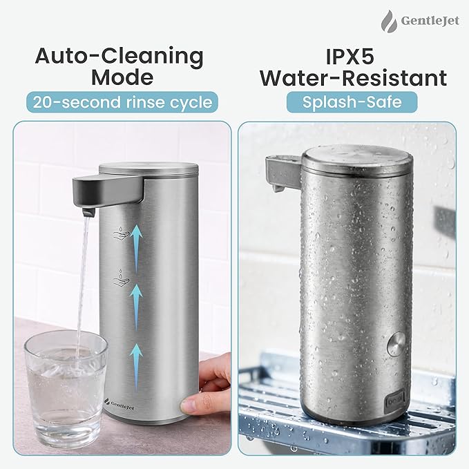 GentleJet OpalDrop Automatic Liquid Soap Dispenser for Kitchen Sink – Touchless No-Drip Pump, USB-C Rechargeable, 304 Stainless Steel, IPX5 Water-Resistant, 270 ml