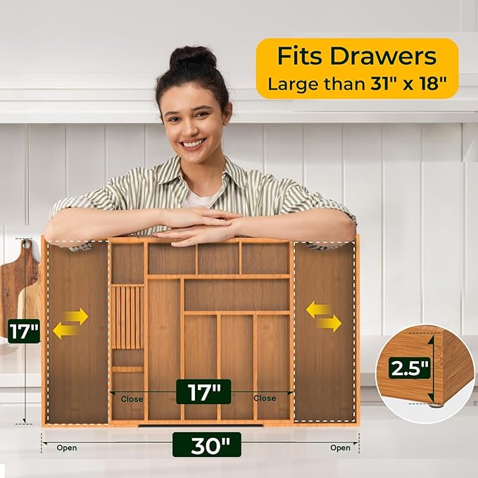 Carbonized Large Bamboo Kitchen Drawer Organizer