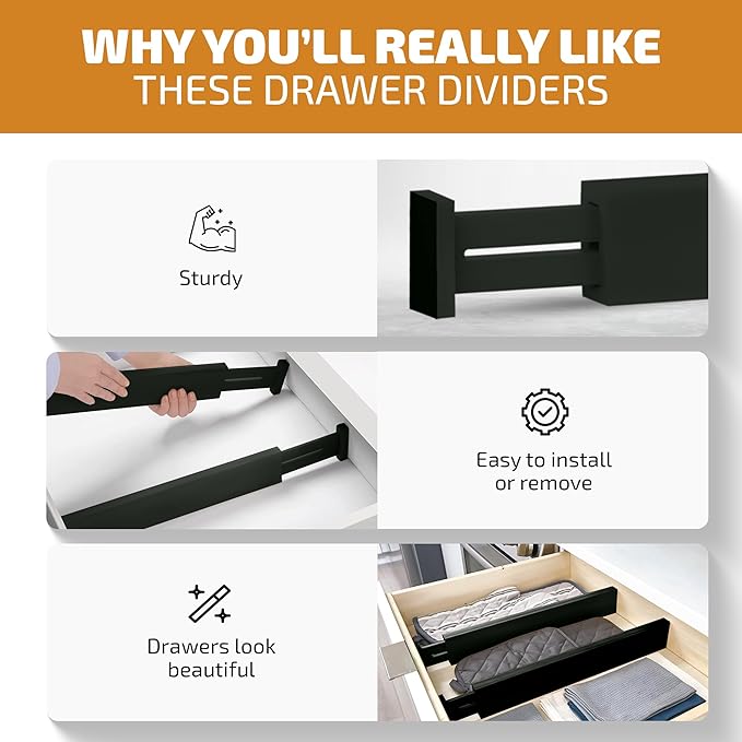 4-Pack Bamboo Drawer Dividers, 2.6 Inches High, Black Wood