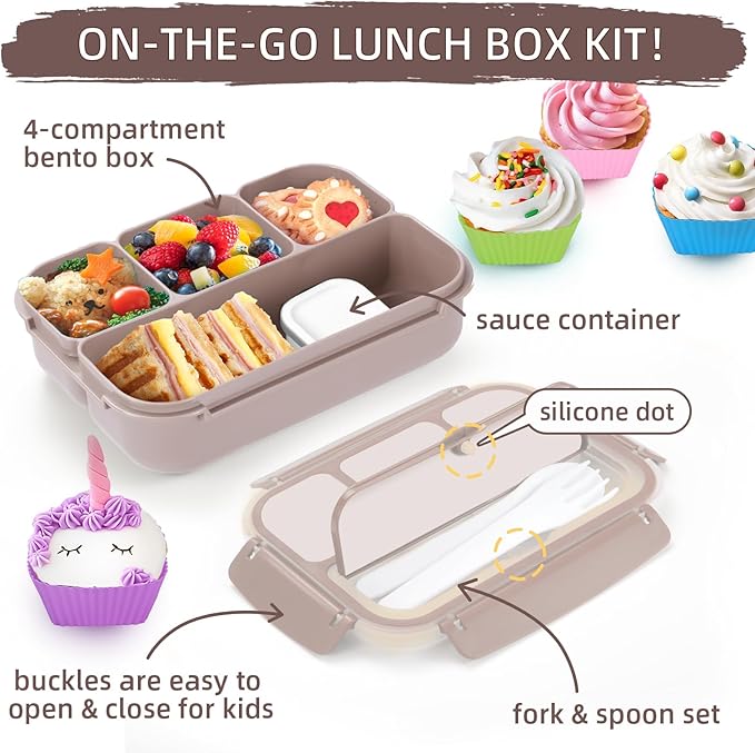 QQKO Bento Box Adult Lunch Box, Lunch Containers for Adults Men Women, Kids Lunch Boxes for School with 4 Compartments, Sauce Container