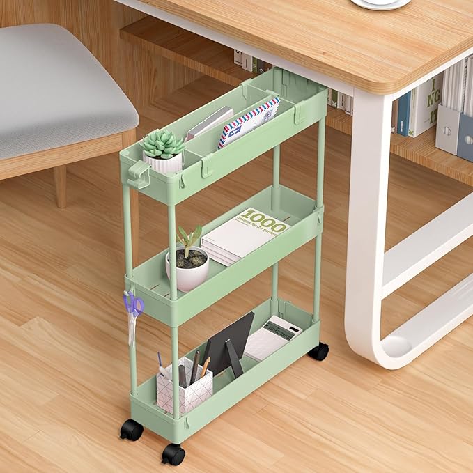 SPACELEAD Slim Storage Cart 3 Tier,Bathroom Organizer Rolling Utility,Mobile Shelving Unit Slide Out for Office, Kitchen, Laundry Room & Narrow Places，Green