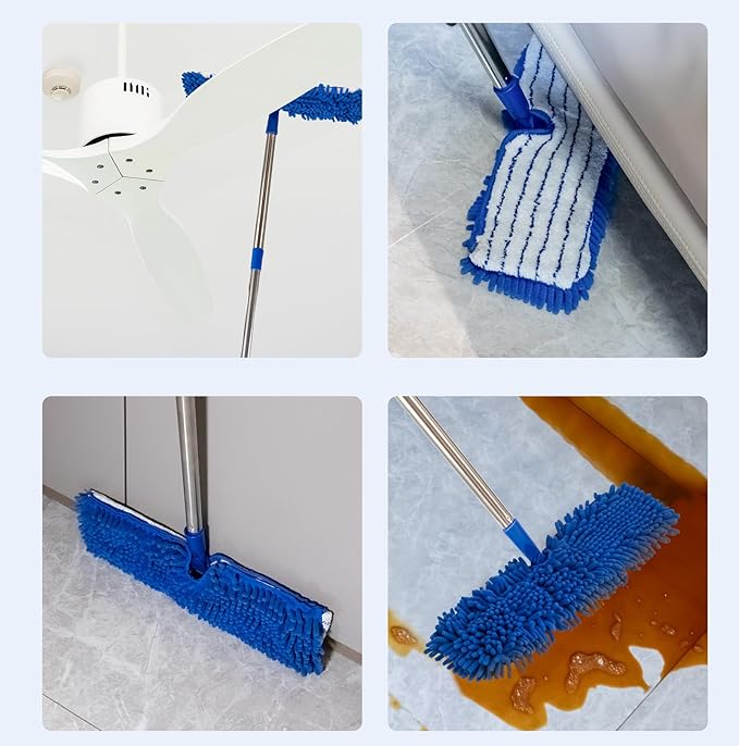 Microfiber Dust Mop for Floor Cleaning - Dual-Sided Washable Pads, Adjustable Stainless Steel Handle (30.7"-56.7") - Wet/Dry Use for Hardwood, Laminate, Tile, Marble Floors with Spin Mop Heads