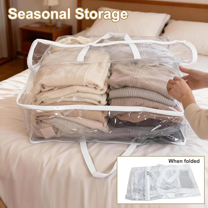 Clear Clothes Storage Bags, 96L Plastic Blanket Comforter Storage Bag, 4 Pack Vinyl Moving Bags,Closet Organizers and Containers for Bedding,Duvet,Toys,Seasonal Clothing,24” Christmas Wreaths,White