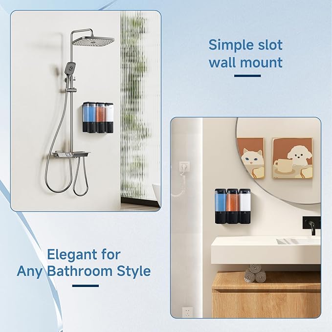 Shampoo and Conditioner Dispenser Wall Mounted, Shower Soap Dispenser No Drill Upadate Easy Slot Install, Shampoo Dispenser for Shower Bathroom Large Capacity 500ml * 3 Chamber Holder Black