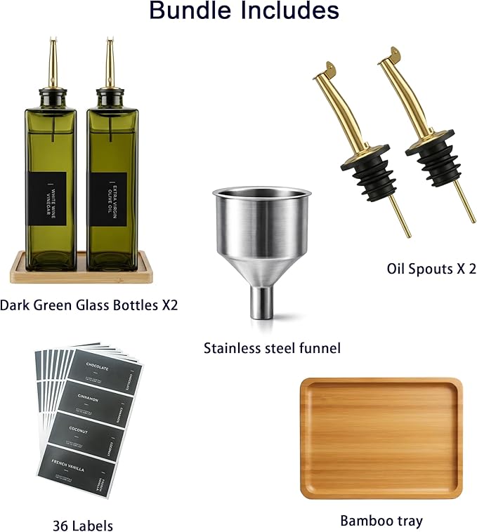 Glass Olive Oil Dispenser Bottle Set of 2 (16.9 oz/500 ml), Green Square Oil & Vinegar Cruet with Drip-Reducing Pour Spouts, Bamboo Tray + Stainless Steel Funnel, 40 Labels for Kitchen Counter