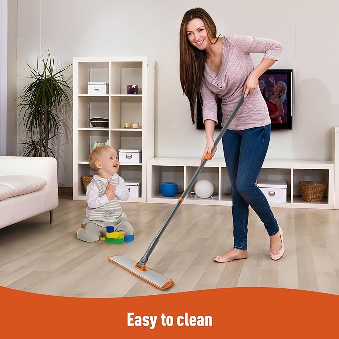 CLEANHOME Microfiber Mop Floor Dust Mop with Extendable Long Handle, Flat Mop with 4 Reusable Pads and 1 Dirt Removal Scrubber, Suitable for Home Kitchen Bathroom Living Room Cleaning