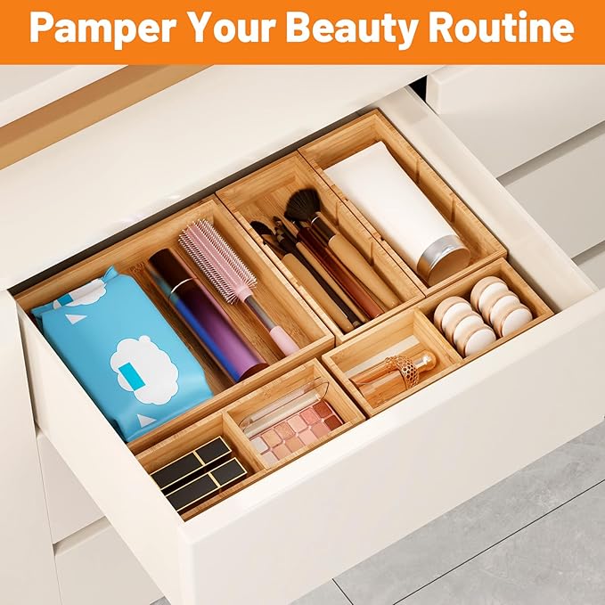 SpaceWhisper Bamboo Drawer Organizer, 5-Piece Drawer Divider with Removable Dividers for Organization and Storage, Multi-Use Stackable Storage Box & Utensil Holder for Kitchen, Office, Makeup & More