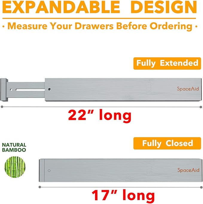 SpaceAid 4 Pack Bamboo Drawer Dividers with Labels, Kitchen Adjustable Drawer Organizers, Expandable Organization for Home Clothes Dressers (17-22 in, Gray)