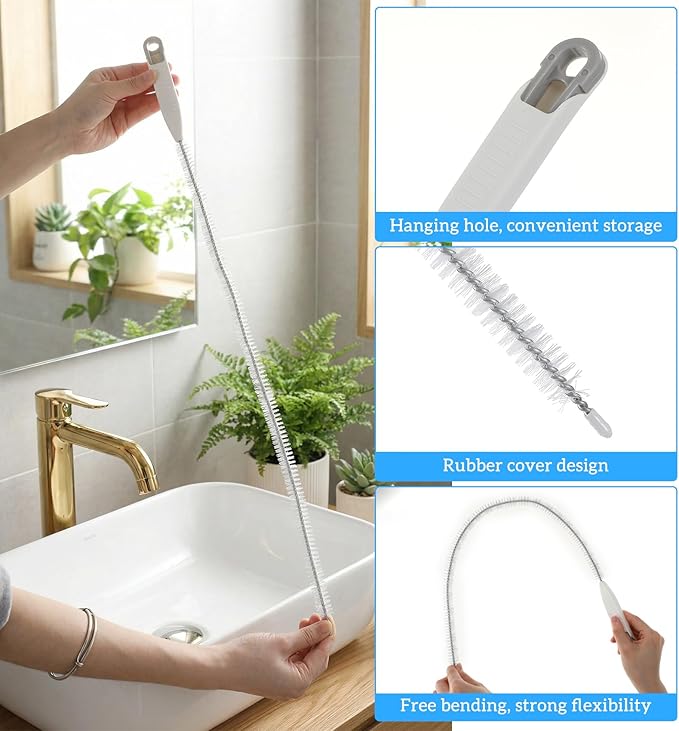 Snake Drain Hair Removal Tool, 26" Drain Brush Pipe Cleaning with Hair Catcher & Forceps, Heavy-Duty Sewer Snake Tool for Clog Removal