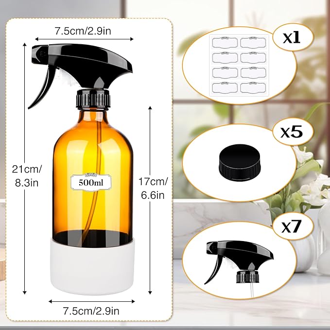 ZENOWICK 5 Pack/16 Oz Glass Spray Bottles, Refillable Empty Containers with Silicone Sleeve, Upgraded Adjustable Nozzle Spray Bottle Sets for Cleaning, Essential Oils, Hair (Amber)