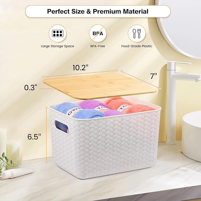 Ohmlove 4 Packs Storage Bins with Bamboo Lids - Plastic Storage Containers with Lids Stackable Storage Box：Storages Baskets for Organizing Desktop