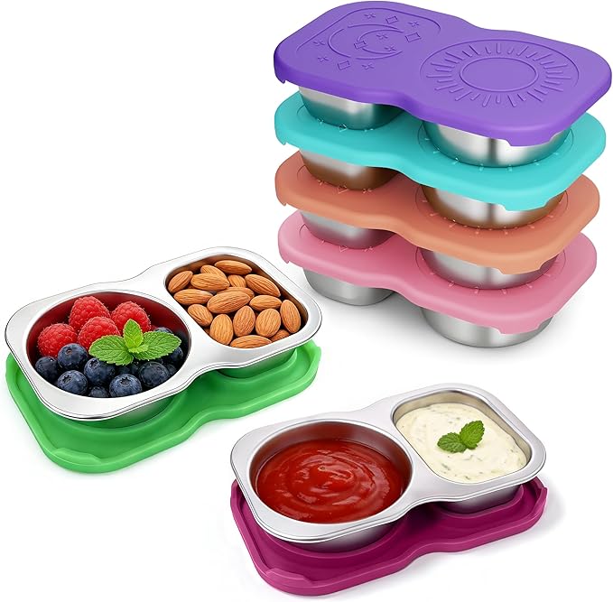 QCQHDU Snack Containers, 2-Compartment Small Stainless Steel Reusable Snack Boxes for Portion Control, Meal Prep Lunch Food Sauce Storage Lunchable Accessories Salad Dressing Containers to Go, 6 Pack