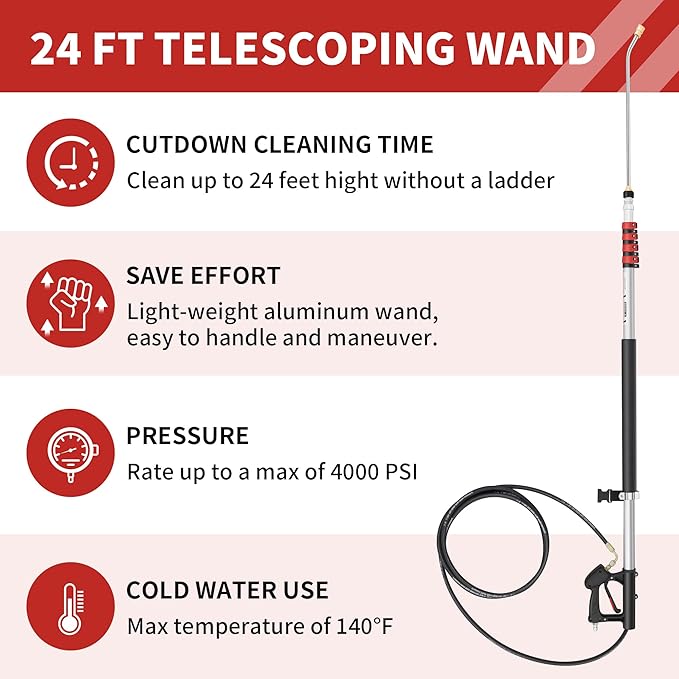 24 FT Gutter Cleaning Tools from The Ground - Telescoping Pressure Washer Wand - Gutter Cleaner Attachment with Power Washer Extension Wands