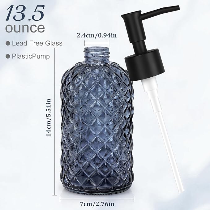 13.5Oz Gem Design Soap Dispenser with Plastic Pump, Refillable Glass Soap Dispenser for Hand Soap, Dish Soap, Lotion (Blue Grey)