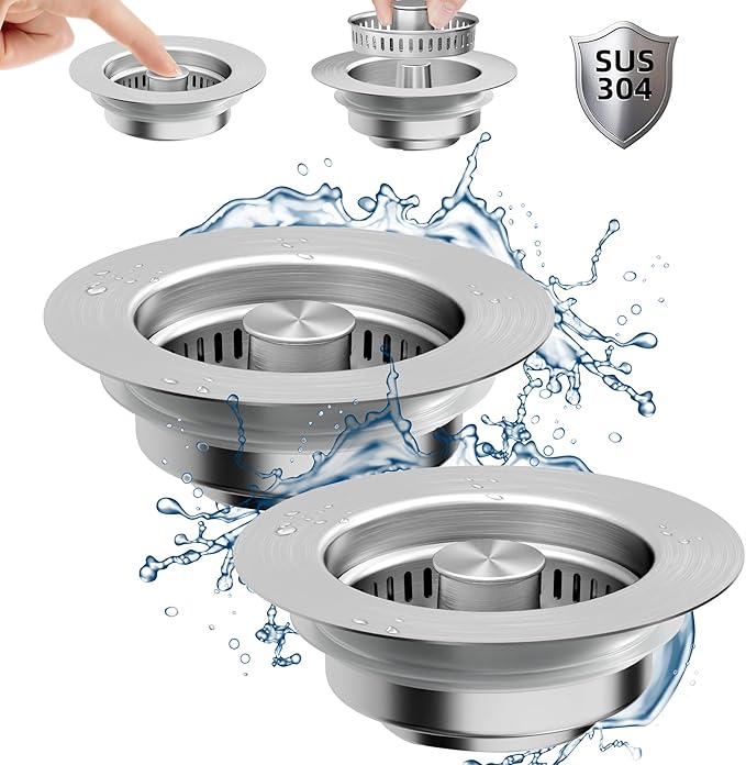 NinjaTiger Kitchen Sink Strainer - 2 Pack, 3-in-1 Pop-Up Stopper