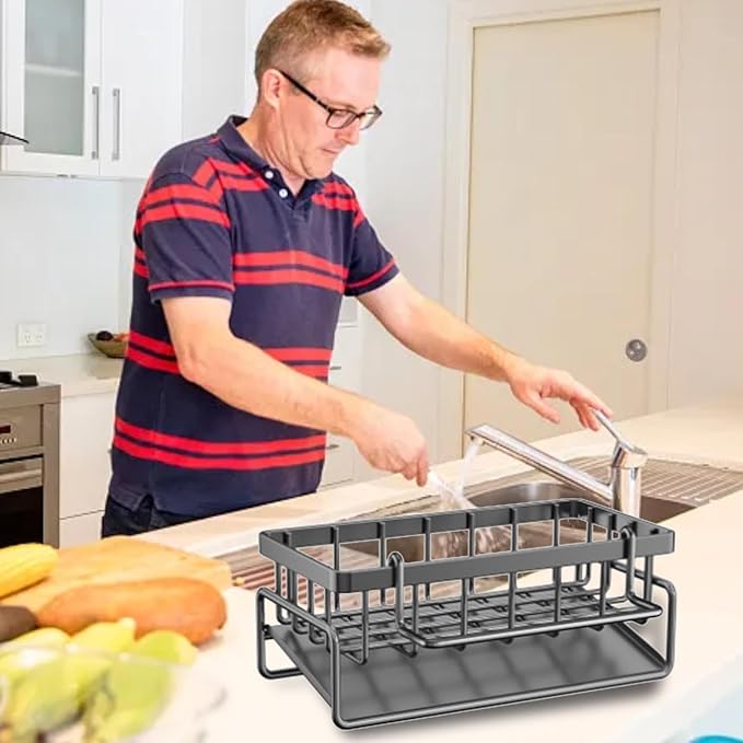 Kitchen Sink Sponge Holder, Rustproof 304 Stainless Steel Sink Caddy with Brush Holder,Kitchen Sink Organizer for Sponge,Dish Brush,Soap Dispenser,
