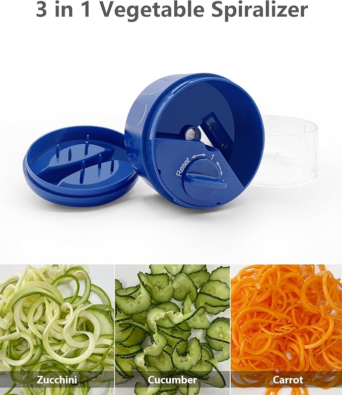 LHS Vegetable Spiralizer 3-in-1, Zucchini Spiralizer Noodle Maker, Adjustable Food-Grade Stainless Steel Blade, Zoodle Maker for Zucchini, Cucumber, Carrot, Veggie Pasta, Low-Carb Meals (Blue)