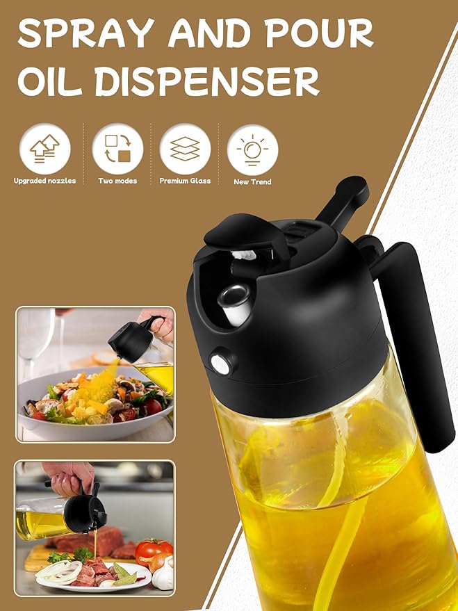 Kitchen Gadgets Oil Sprayer for Cooking 2pcs,Oil Dispenser for Kitchen,2 in 1 Oil Dispenser and Oil Sprayer,16oz Olive Oil Dispenser Bottle for Air Fryer,Salad, Grill (Black Kitchen Accessories)