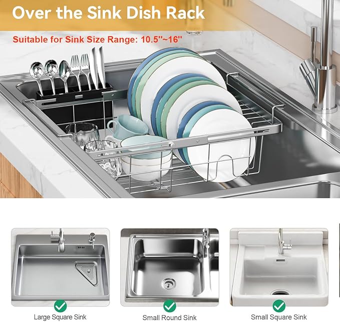 Orgneas Real Capacity Expandable Dish Drying Rack in Sink, Stainless Steel Over the Sink Dish Drainer with Utensil Holder for Kitchen Counter, Fit for Interior Width 10.5''~17'' Sinks