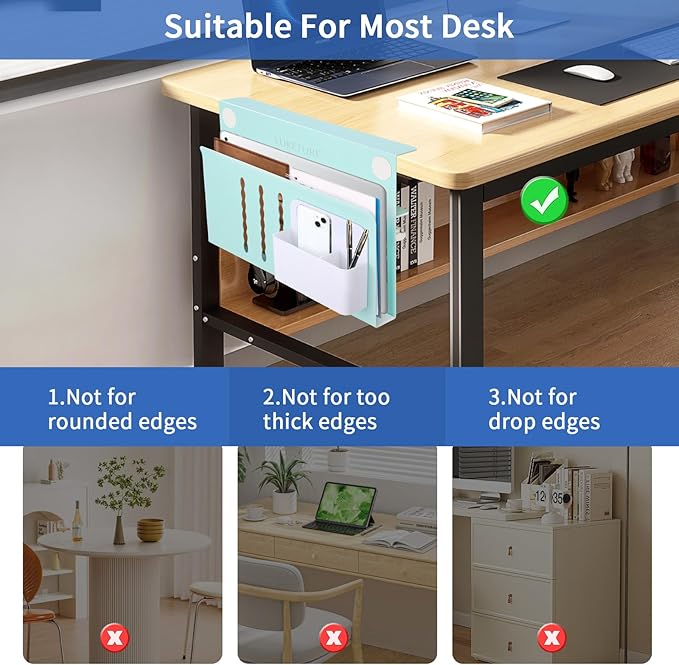 LUKETURE Desk Side Storage, Steel Side Desk Organizer, No Drill Laptop Holder, Clamp on Laptop Mount with Pen Holder, Table Hanging Storage for Home Office, Fits Flat Edge Tables 0.3" to 2.8"