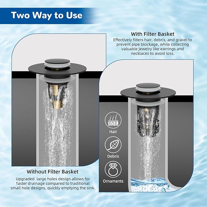 Hibbent 3 Pack 3 in 1 Bathroom Sink Drain Strainer, Universal Pop Up Stopper, Removable Stainless Steel Filter Basket Hair Catcher