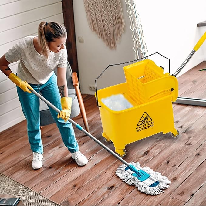 Commercial Mop Bucket with Wheels 20L Gallon, Side Press Wringer Combo Mop Bucket, Combo Cart Set for Restaurant Home Floor Cleaning Use