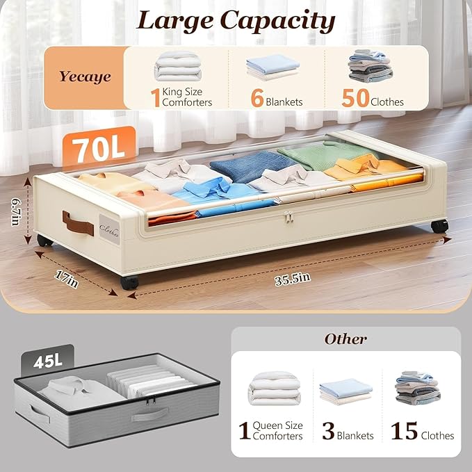 70L Under Bed Storage with Wheels, Beige