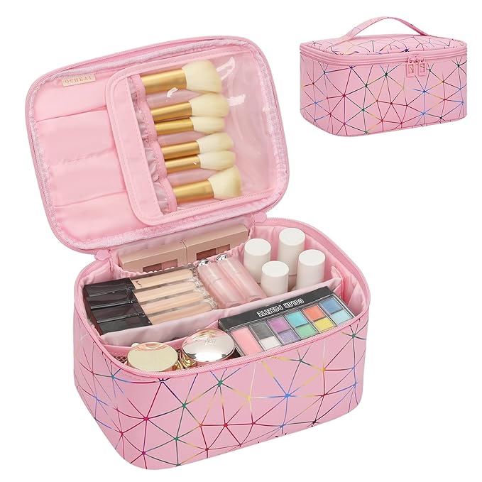 OCHEAL Makeup Bag - Portable Large Capacity Travel Cosmetic Case for Women with Handle and Divider Toiletry Organizer for Girls on the Go -Geometric Pink
