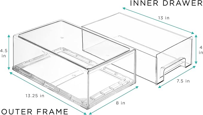 Sorbus Medium Clear Stackable Storage Drawers – 4-Pack Plastic Organizer Bins with Handles – Stackable Pull-Out Storage Drawers for Closet, Pantry, Office, Bathroom, Craft, and Toy Organization