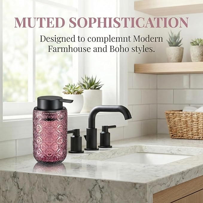 Pink Glass Foaming Hand Soap Dispenser with Matte Black Pump Thick Embossed Bottle Refillable for Bathroom and Kitchen Decor 13.5 oz