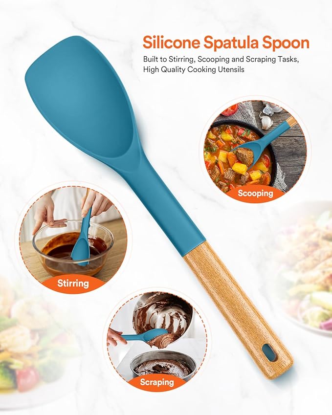 Silicone Spoonula Spatula, Great For Stirring, Scraping And Folding, Sturdy Bpa-Free Matte Silicone, Wooden Handle Rubber Spoon For Nonstick Cookwares (TURQ)