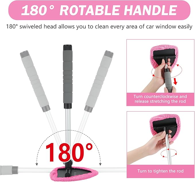 8 Pcs Car Window Cleaner Kit Triangle Shape Include Windshield Cleaning Tool with Extendable Handle 5 Microfiber Bonnets 1 Car Ventilation Brush 1 Empty 50ml Spray Bottle Glass Wiper Kits, Pink