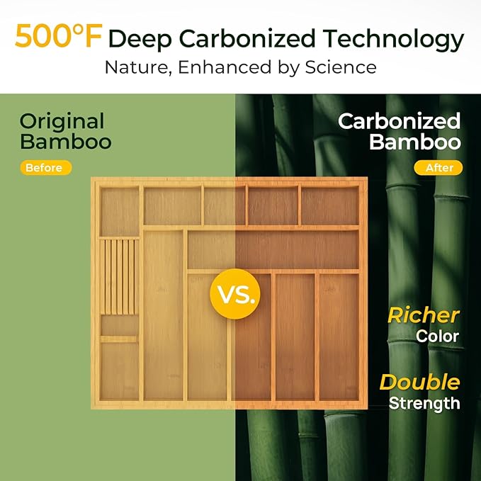 Carbonized Large Bamboo Kitchen Drawer Organizer